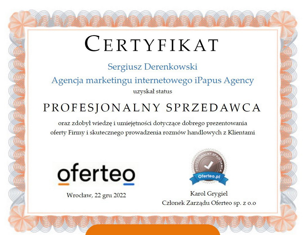 iPapus Agency Certyfikat Derenkowski